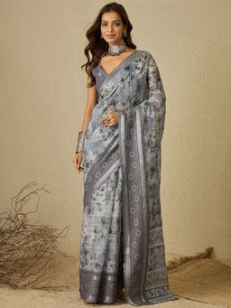 Sareemall - Grey Digital Print Designer Saree with Unstitched Blouse