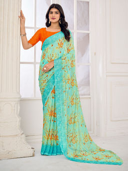 Sareemall - Blue Printed Designer Saree with Unstitched Blouse