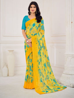 Sareemall - Yellow Printed Designer Saree with Unstitched Blouse