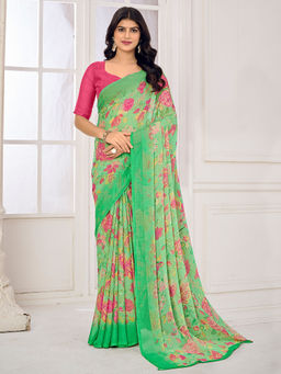 Sareemall - Green Printed Designer Saree with Unstitched Blouse