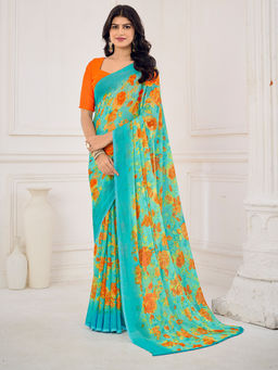 Sareemall - Blue Printed Designer Saree with Unstitched Blouse