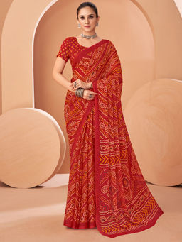 Sareemall - Red Printed Designer Saree with Unstitched Blouse