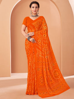 Sareemall - Orange Printed Designer Saree with Unstitched Blouse