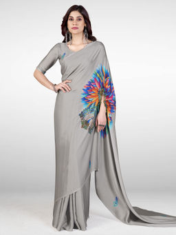 Sareemall - Grey Digital Print Designer Saree with Unstitched Blouse