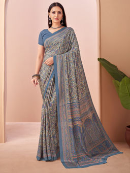 Sareemall - Blue Printed Designer Saree with Unstitched Blouse