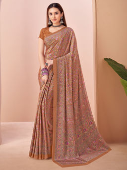 Sareemall - Brown Printed Designer Saree with Unstitched Blouse