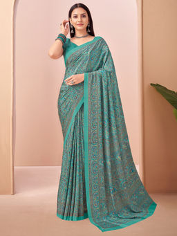 Sareemall - Turquoise Printed Designer Saree with Unstitched Blouse