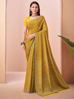 Sareemall - Yellow Printed Designer Saree with Unstitched Blouse