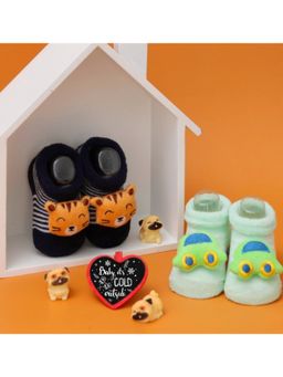 Yellow Bee - Car and Tiger Stuffed Toy Socks for Boys - Green & Navy Blue (Pack of 2)