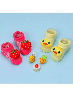 Yellow Bee - Strawberry and Duck Stuffed Toy Socks for Girls - Yellow & Pink (Pack of 2)