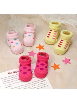 Yellow Bee - Colorful Tiny Prints Socks for Girls - Pink, Dark Pink & Yellow (Pack of 3)