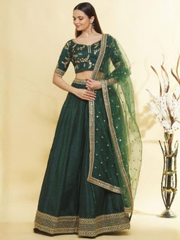 Odette - Green Silk Embellished Lehenga with Blouse Piece and Dupatta