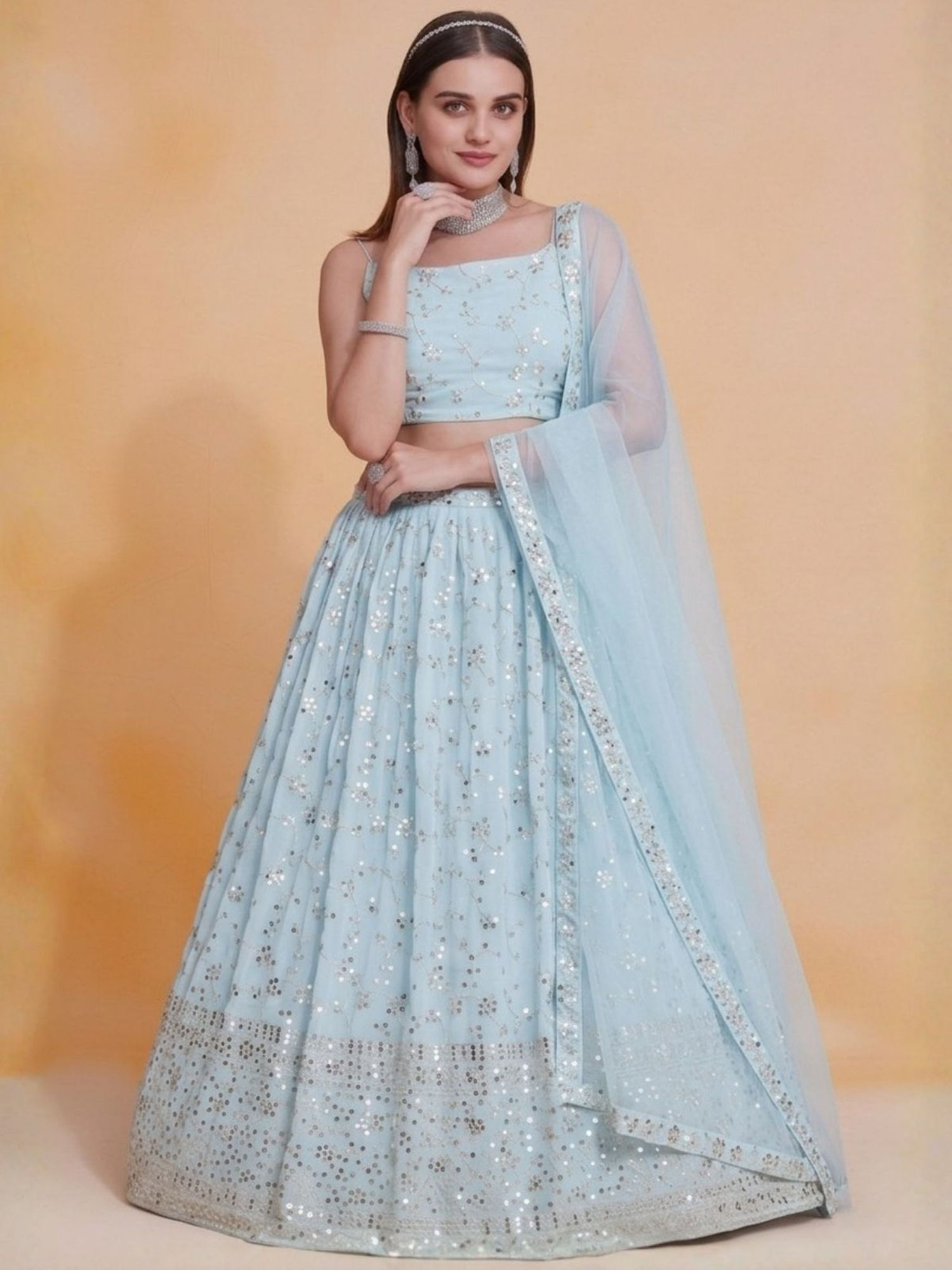 Blue Georgette Embellished Lehenga with Blouse Piece and Dupatta-image-37