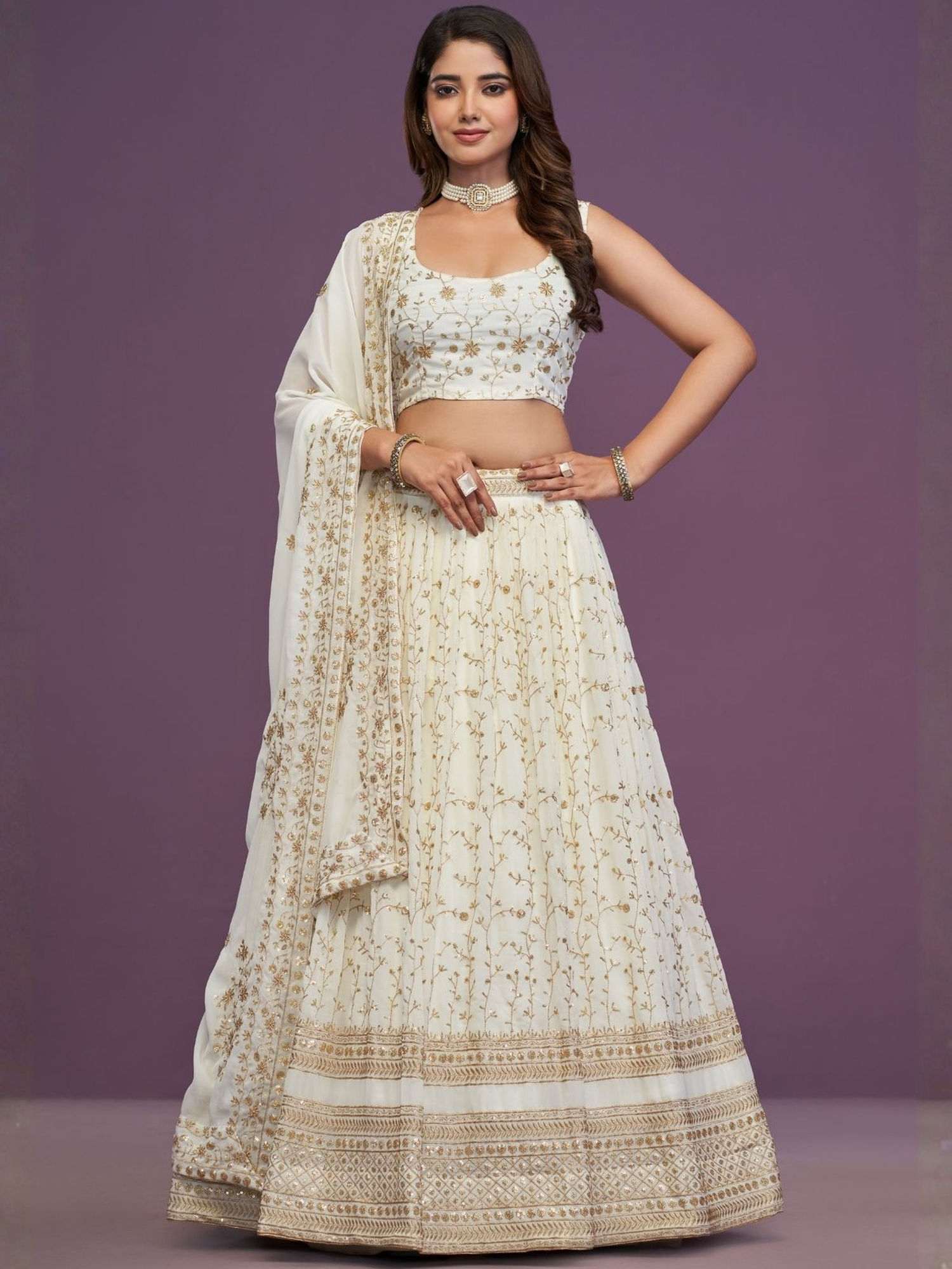 odette Off White Georgette Embellished Lehenga with Blouse Piece and Dupatta-picture-12