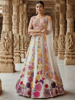 Odette - Off White Chinon Embroidered Lehenga with Blouse Piece and Dupatta