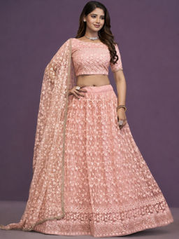 Odette - Peach Net Embellished Lehenga with Blouse Piece and Dupatta