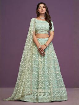 Odette - Green Net Embellished Lehenga with Blouse Piece and Dupatta