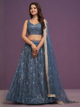 Odette - Blue Net Embellished Lehenga with Blouse Piece and Dupatta