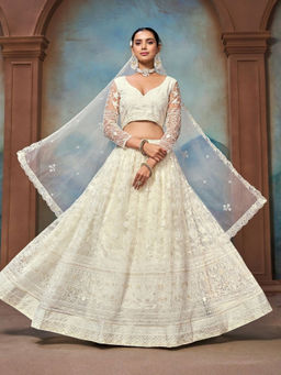 Odette - Off White Net Embellished Lehenga with Blouse Piece and Dupatta