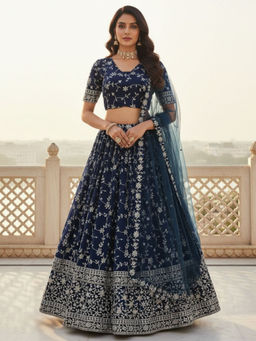 Odette - Navy Blue Georgette Embellished Lehenga with Blouse Piece and Dupatta