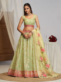 Odette - Green Georgette Embellished Lehenga with Blouse Piece and Dupatta