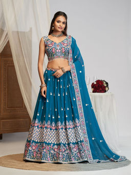 Odette - Teal Georgette Embellished Lehenga with Blouse Piece and Dupatta