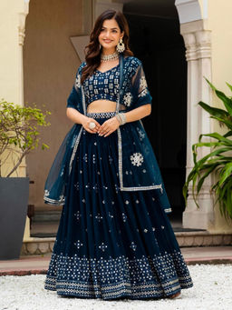 Odette - Navy Blue Georgette Embellished Lehenga with Blouse Piece and Dupatta