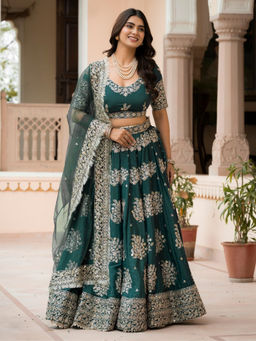 Odette - Green Crepe Embellished Lehenga with Blouse Piece and Dupatta