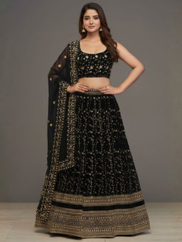 Odette - Black Georgette Embellished Lehenga with Blouse Piece and Dupatta