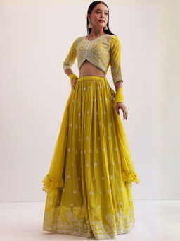 Odette - Yellow Georgette Embellished Lehenga with Blouse Piece and Dupatta