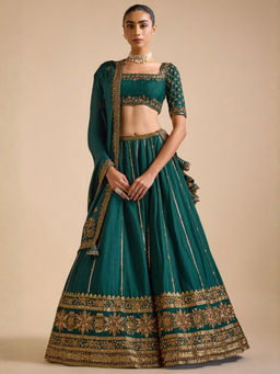 Odette - Green Silk Blend Embellished Lehenga with Blouse Piece and Dupatta