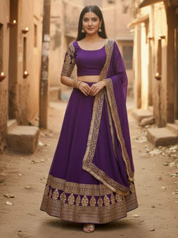 Odette - Purple Georgette Embellished Lehenga with Blouse Piece and Dupatta