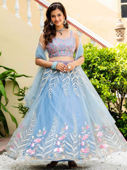 Odette - Blue Net Embellished Lehenga with Blouse Piece and Dupatta