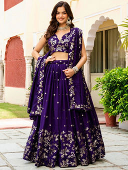 Odette - Purple Silk Blend Embellished Lehenga with Blouse Piece and Dupatta