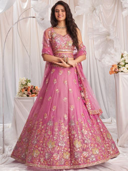 Odette - Pink Silk Blend Embellished Lehenga with Blouse Piece and Dupatta