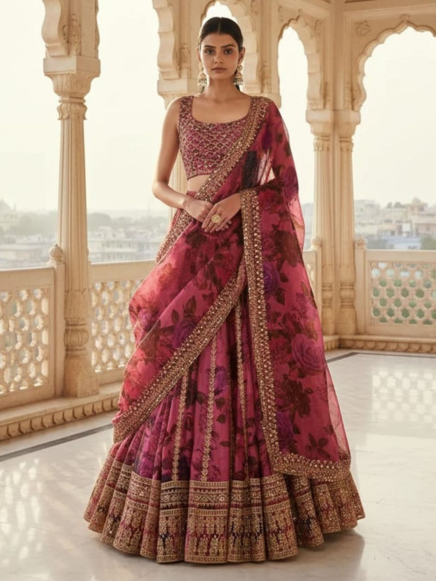odette Maroon Organza Embellished Lehenga with Blouse Piece and Dupatta-picture-22