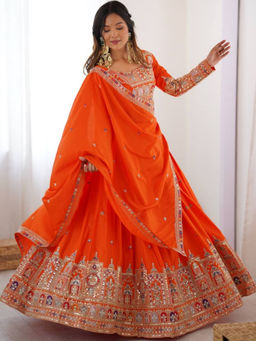 Odette - Orange Crepe Embellished Lehenga with Blouse Piece and Dupatta