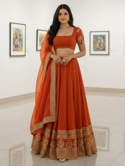 Odette - Orange Georgette Embellished Lehenga with Blouse Piece and Dupatta