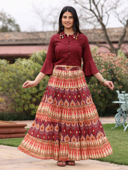 Juniper - Women Solid Liva Rayon Maroon Shirt with Multi Color Skirt