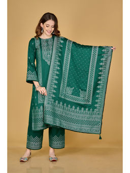 Safaa - Women Acro Wool Woven Unstitched Suit and Dupatta Color Green (Set of 3)