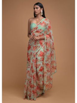 KALKI FASHION - Pastel Green Saree in Organza with Floral Print and Cut Dana Trim On The Border
