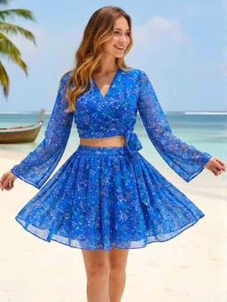 Sera - Blue Regular Fit Tie-Ups V-Neck Co-Ord Set