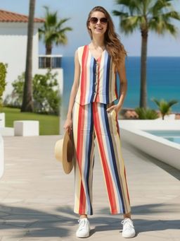 Sera - Multi-Color Regular Fit Button Fly V-Neck Co-Ord Set