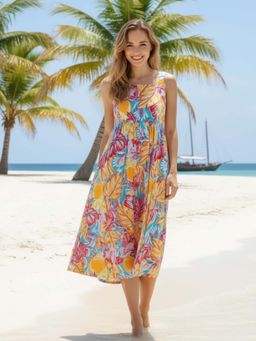 Sera - Multi-Color Flared Fit Pull On Square Neck Midi Dress