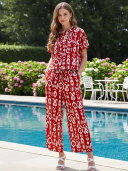 Sera - Red Regular Fit Button Fly Collar Neck Co-Ord Set