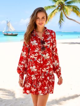 Sera - Red Flared Fit Button Fly Collar Neck Mini Dress