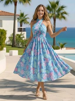 Sera - Blue Flared Fit Pull On Halter Neck Midi Dress