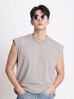 Bene Kleed - Men Grey Sleeveless Raw Edge Oversized T-Shirt