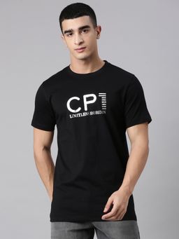 Classic Polo - Men'S Black Crew Neck Slim Fit Typography Cotton T-Shirt