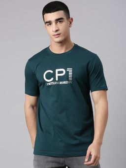 Classic Polo - Men'S Teal Green Crew Neck Slim Fit Typography Cotton T-Shirt